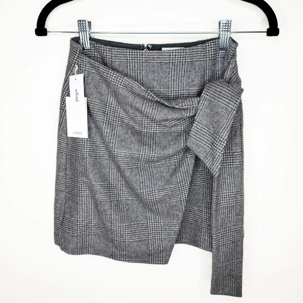 NWT Aritzia Wilfred Dorine Wrap Front Glen Check Plaid Wool Blend Mini Skirt 0